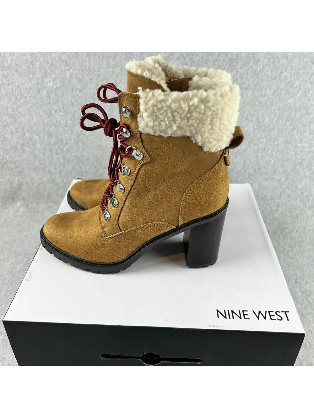 Nine West Ankle Boots Womens 9.5 Block Heel Faux Suede Shearling Trim